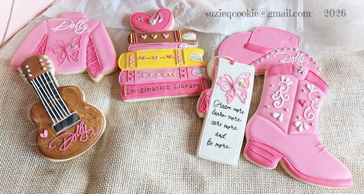 Pink cowgirl boot, guitar and book-stack cookies