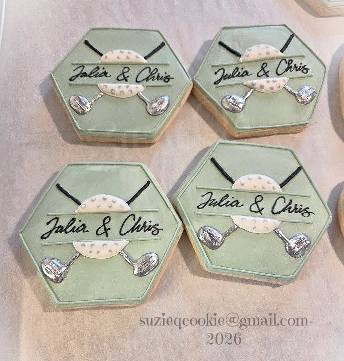 Sage hexagon wedding cookies with a couple's names and golf clubs